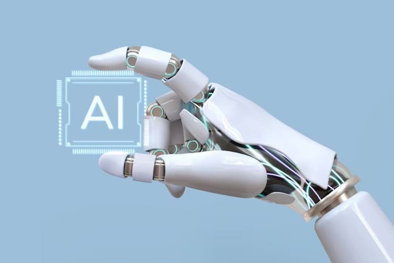 로봇의 손가락과 AI 칩셋 홀로그램