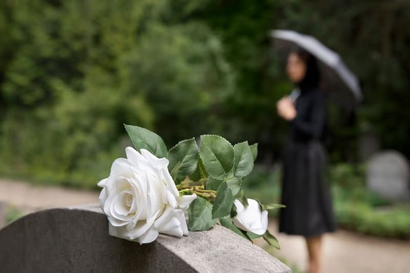 묘비 위에 놓인 하얀 꽃